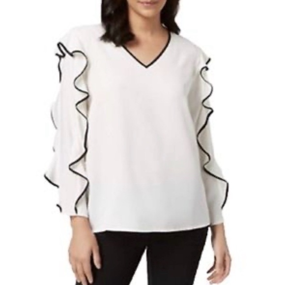 Alfani Tops - Alfani White Blouse Size L Black Contrast Trim Ruffle Sleeve V-Neck Career Top